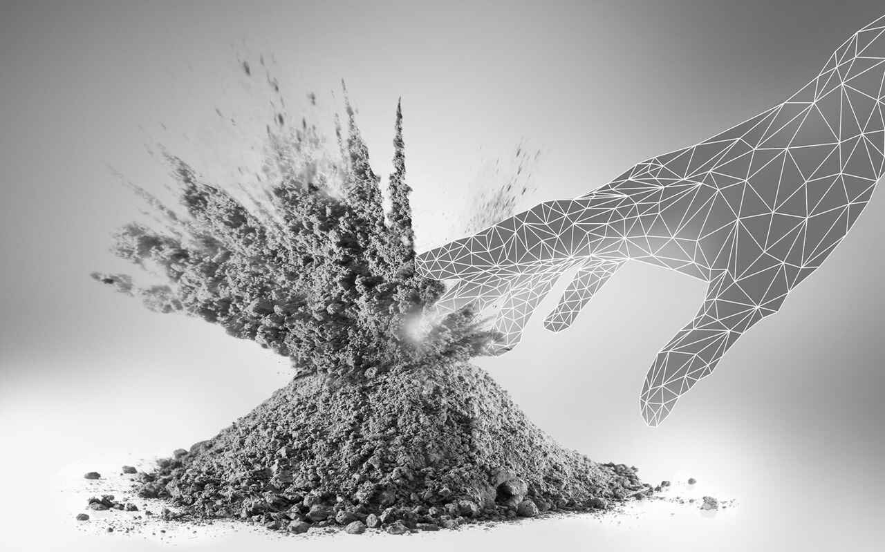 Wireframe hand touching pile of powder