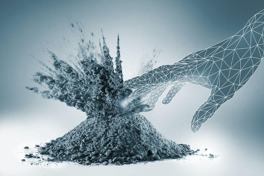 Wireframe hand touching pile of powder