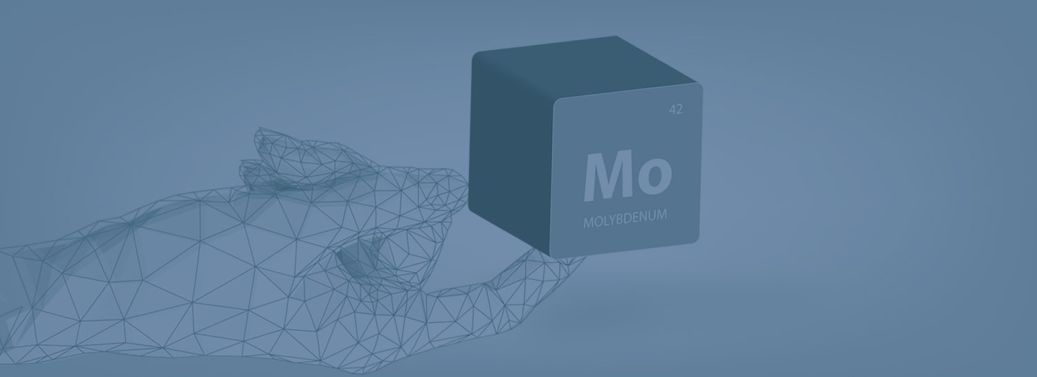 Wireframe hand holding a cube with the period table element for Molybdenum on it's face