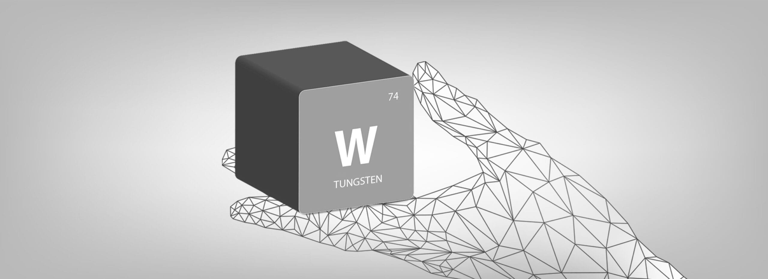 Wireframe hand holding cube with elemental symbol for Tungsten
