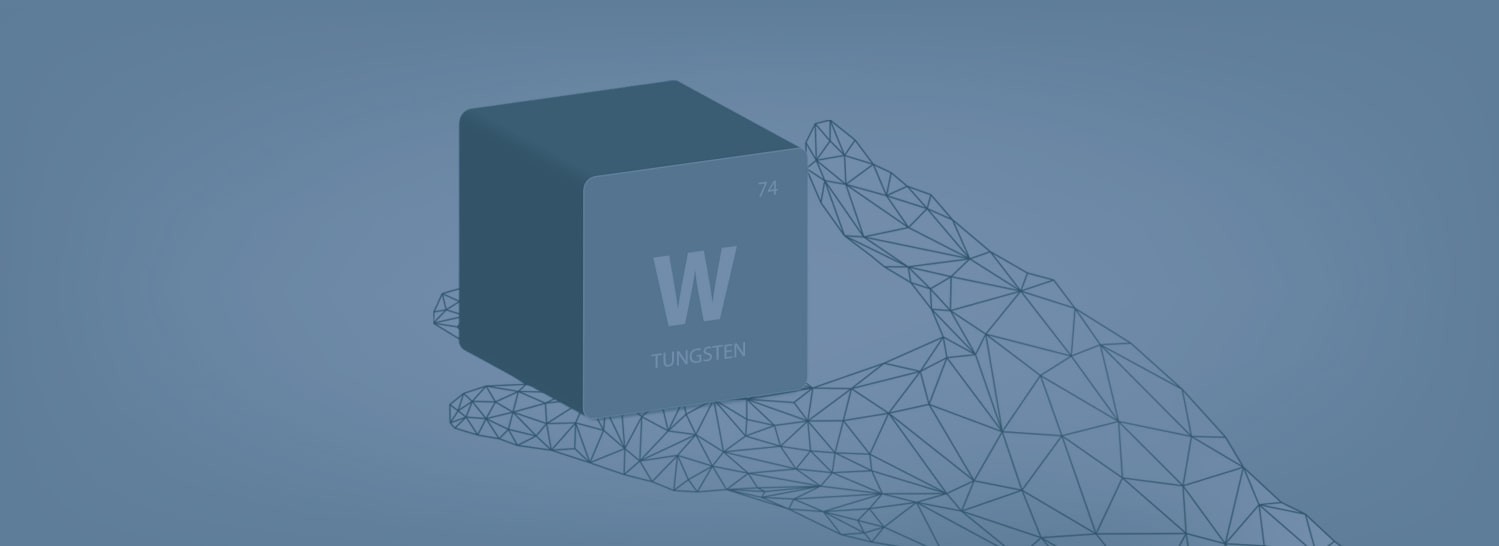 Wireframe hand holding a cube displaying the periodic table element for Tungsten