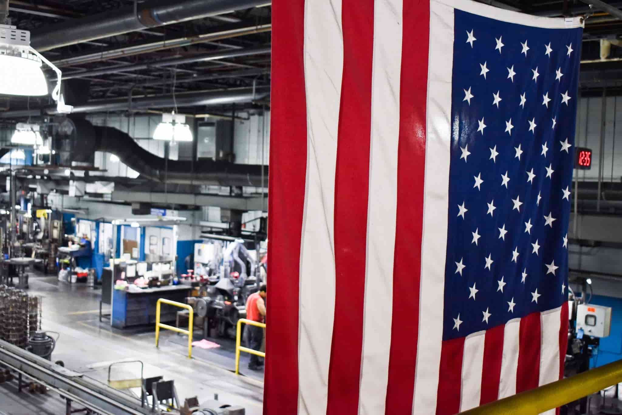 American flag hangin in factory