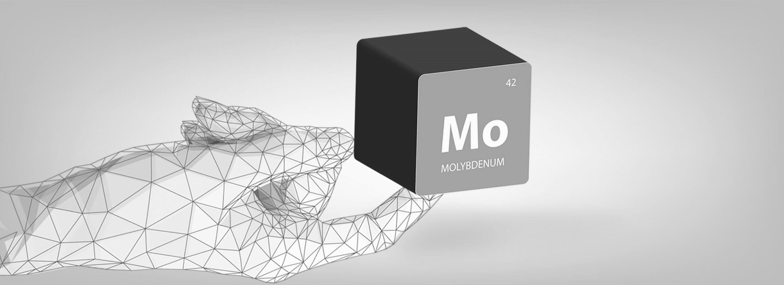 Wireframe hands holding cube with elemental symbol for Molybdenum