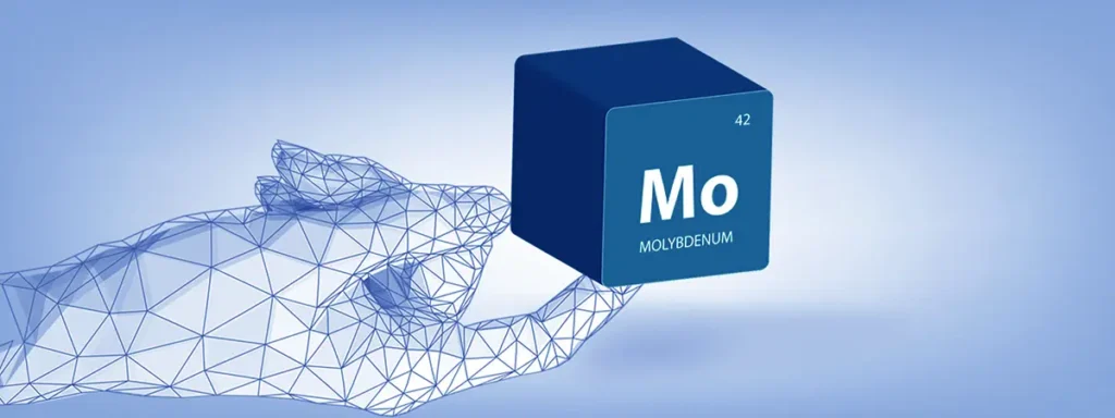 Wireframe hand holding cube with elemental symbol for Molybdenum