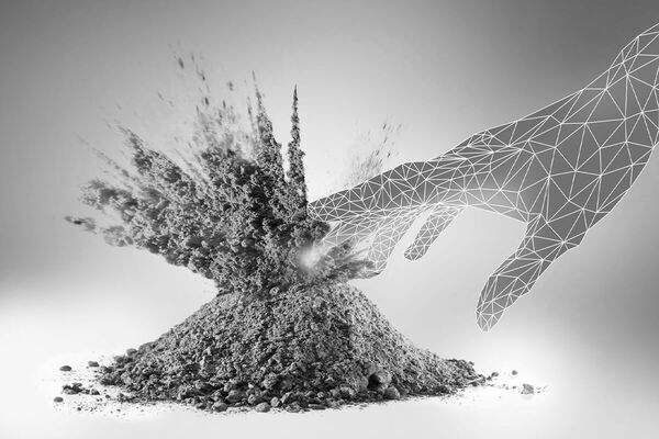 Wireframe hand touching pile of powder